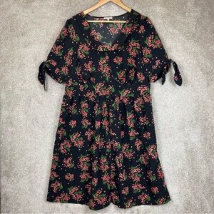 Lace & Mesh Dress Womens 1X Black Floral Short Sleeve Button Front V Neck- 1331*